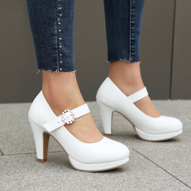 2024 Spring Fashion Round Head Women'S Shoes 40-48 Ultra-Plus Size Shallow Mouth Buckle High-Heeled Shoes - Image 3