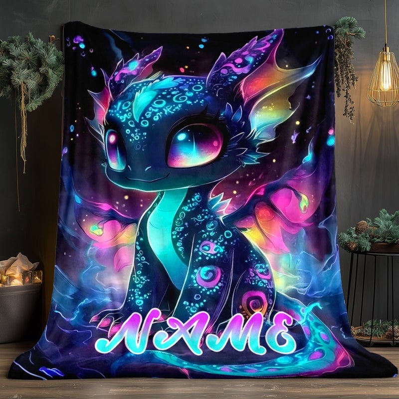 1 PC Neon Fluorescent Black Dragon Custom Name Print Portable Blanket 80x120cm 31.5x47.2inch Lightweight Throw For Sofa Travel Camping Bed Livingroom Office Digital Printing Soft Warm Fabric - Image 2