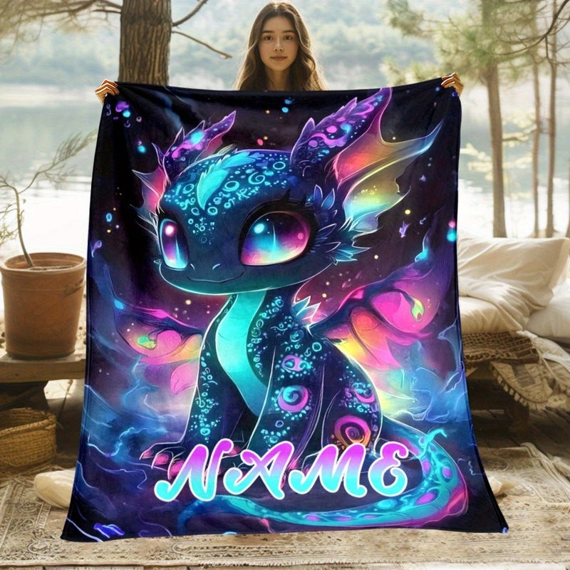 1 PC Neon Fluorescent Black Dragon Custom Name Print Portable Blanket 80x120cm 31.5x47.2inch Lightweight Throw For Sofa Travel Camping Bed Livingroom Office Digital Printing Soft Warm Fabric - Image 1