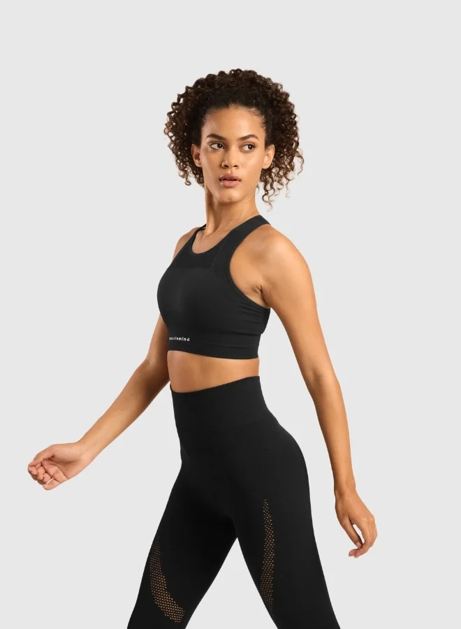Musclemind Seamless Sports Bra for Gym Workout and Fitness with rib structure for Posture Assistance, anti-odour, anti-microbial, 4 way stretch, wide straps with removable pads, offers medium support, super soft fabric mesh with quick drying activewear