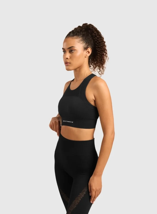 Musclemind Seamless Sports Bra for Gym Workout and Fitness with rib structure for Posture Assistance, anti-odour, anti-microbial, 4 way stretch, wide straps with removable pads, offers medium support, super soft fabric mesh with quick drying activewear