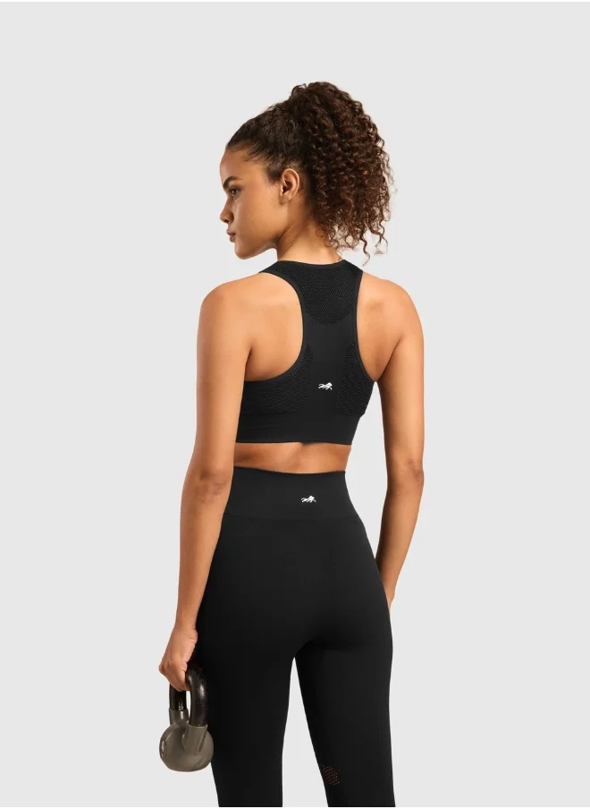 ماسلميند Seamless Sports Bra for Gym Workout and Fitness with rib structure for Posture Assistance, anti-odour, anti-microbial, 4 way stretch, wide straps with removable pads, offers medium support, super soft fabric mesh with quick drying activewear