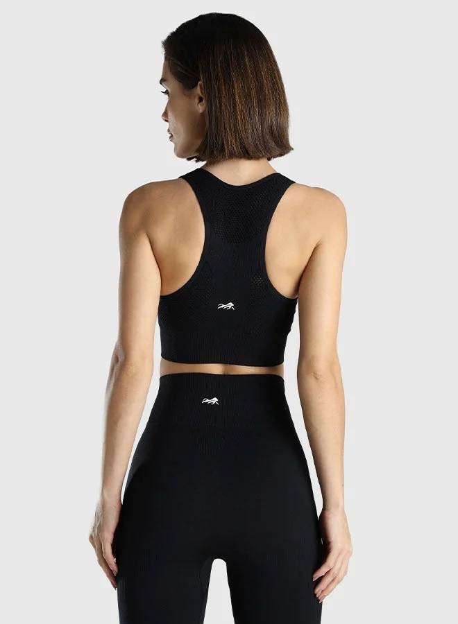 Musclemind Seamless Sports Bra for Gym Workout and Fitness with rib structure for Posture Assistance, anti-odour, anti-microbial, 4 way stretch, wide straps with removable pads, offers medium support, super soft fabric mesh with quick drying activewear