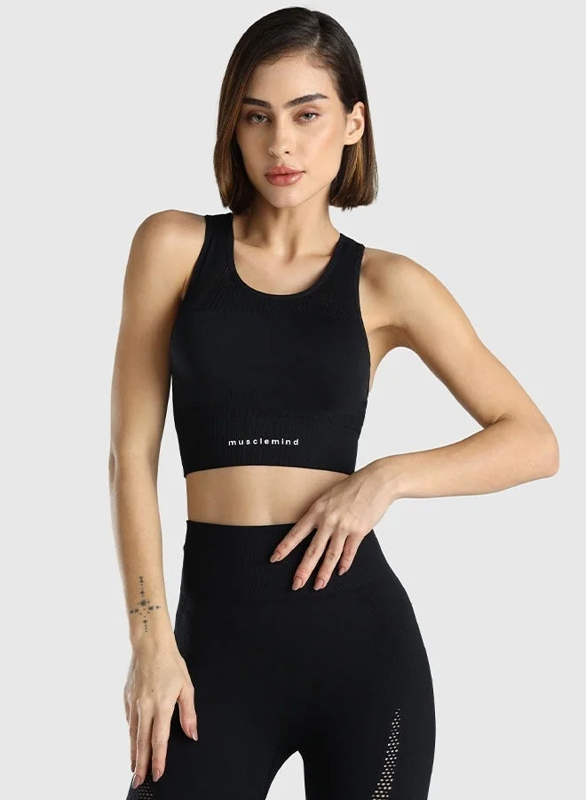 Musclemind Seamless Sports Bra for Gym Workout and Fitness with rib structure for Posture Assistance, anti-odour, anti-microbial, 4 way stretch, wide straps with removable pads, offers medium support, super soft fabric mesh with quick drying activewear