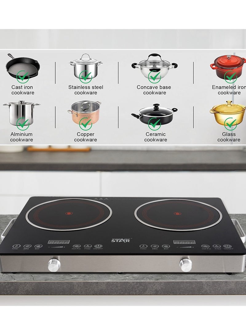 ويننج ستار صفيحة تسخين كهربائية للطهي، موقد مزدوج بالأشعة تحت الحمراء، موقد كهربائي محمول بقوة 1800 وات، يسخن في ثوانٍ، موقد سيراميك زجاجي محمول مزدوج الشعلات للطاولة للاستخدام في السكن الجامعي والمكتب والمنزل والتخييم، متوافق مع جميع أدوات الطهي - Image 3