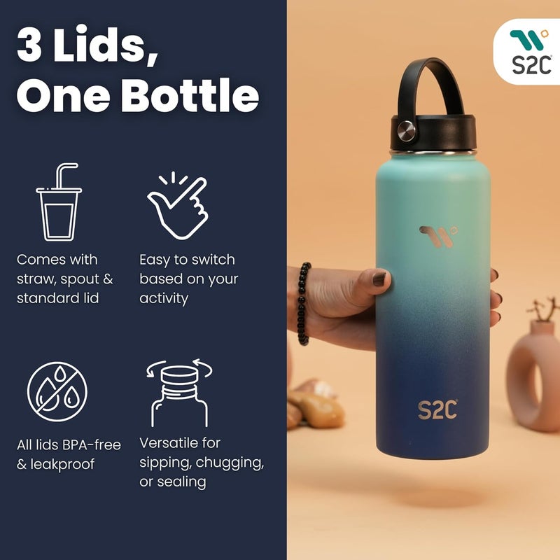 S2C 1200ml Stainless Steel Insulated Water Bottle - Keeps Drinks Cold 24H & Hot 12H, Leakproof, 3 Lids for Camping & Outdoor Adventures (SKY) - Image 3