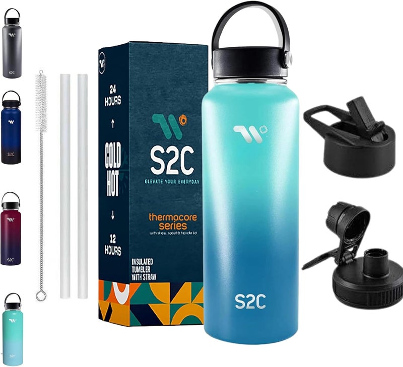 S2C 1200ml Stainless Steel Insulated Water Bottle - Keeps Drinks Cold 24H & Hot 12H, Leakproof, 3 Lids for Camping & Outdoor Adventures (SKY) - Image 1