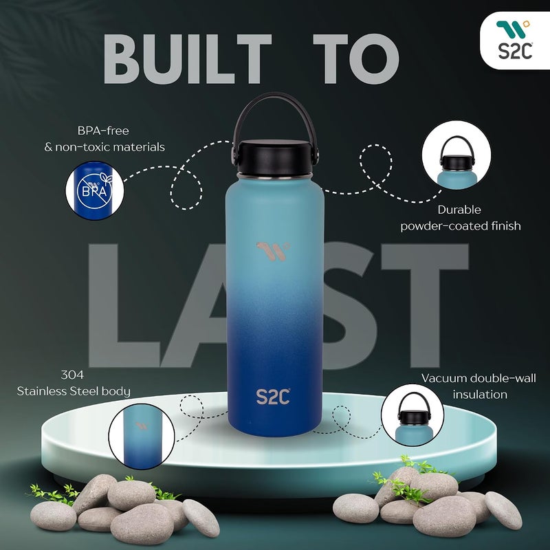 S2C 1200ml Stainless Steel Insulated Water Bottle - Keeps Drinks Cold 24H & Hot 12H, Leakproof, 3 Lids for Camping & Outdoor Adventures (SKY) - Image 2