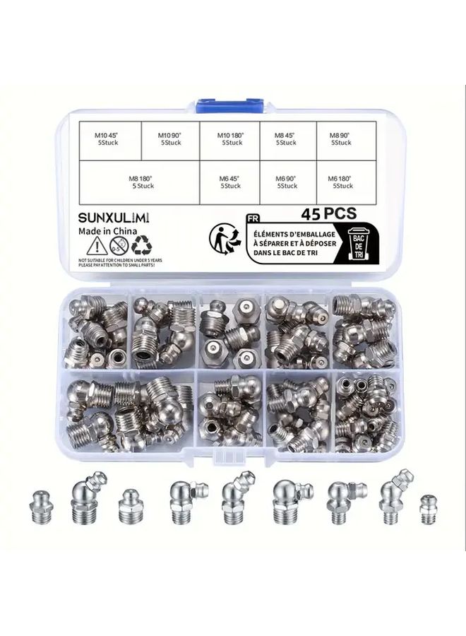 45Pcs Metric Grease Fitting Set M6 M8 M10 With 180 45 90 Degree Angles For Hydraulic Lubrication - Image 2