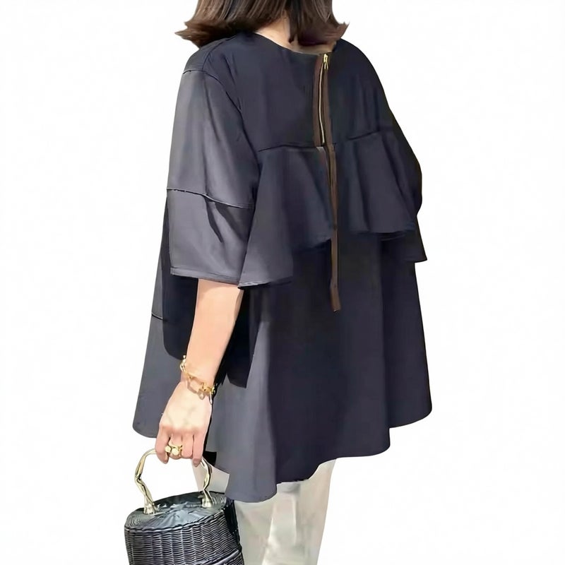 Women's Casual Zip Neck Contrast Tape Loose Fit T-Shirt Blouse - Image 1