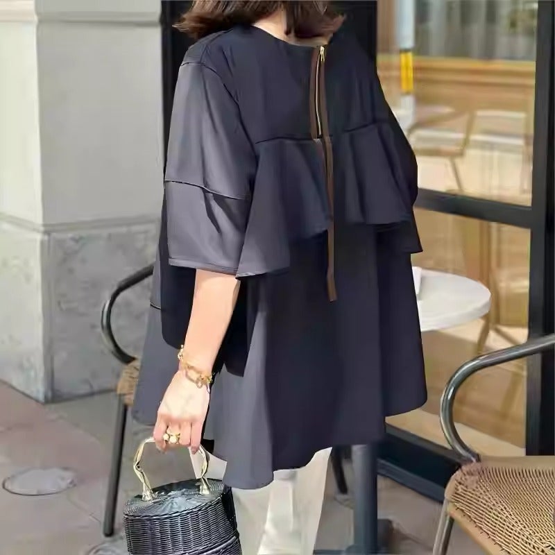Women's Casual Zip Neck Contrast Tape Loose Fit T-Shirt Blouse - Image 2