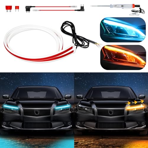 DUOFU365 Car LED Strip Lights,DRL Daytime Running Lights Waterproof Flexible 24 Inch Dual Color Car Led Strip Sequential Switchback Led Strip Ice Blue &Amber/Yellow - Image 1