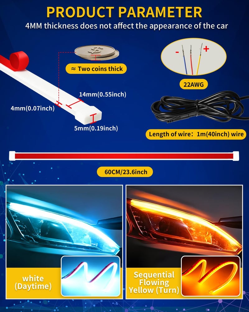 DUOFU365 Car LED Strip Lights,DRL Daytime Running Lights Waterproof Flexible 24 Inch Dual Color Car Led Strip Sequential Switchback Led Strip Ice Blue &Amber/Yellow - Image 4