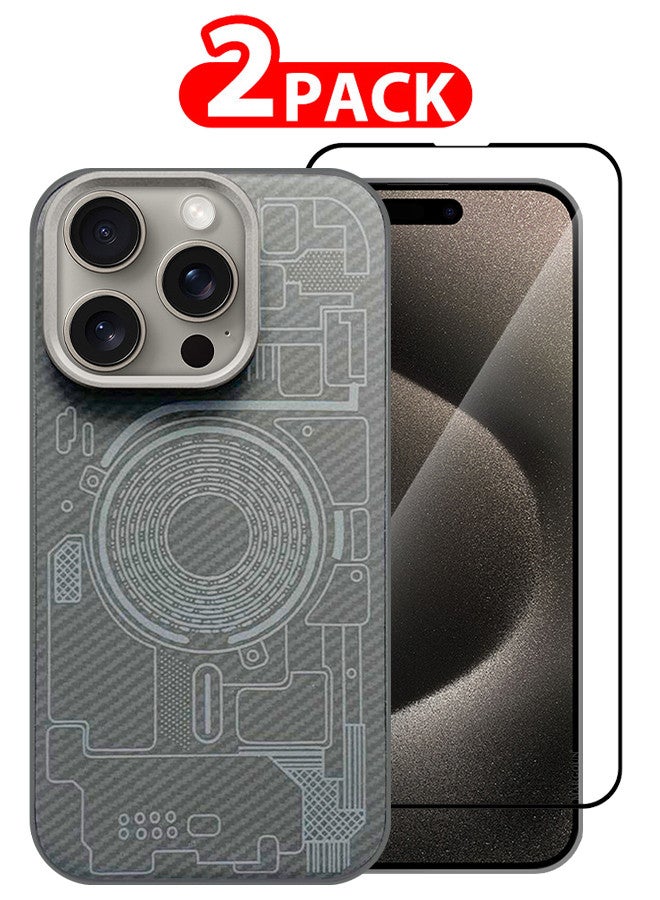 MARGOUN For iPhone 15 Pro 2 Pack Case And Screen Protector Carbon Fiber Made Slim And Light Shockproof Phone Cover Military-Grade Protection MIX4 - Image 1