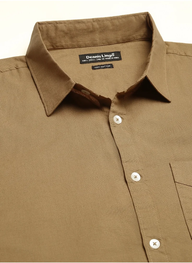 دينيس لينغو Slim Fit Brown Men's Solid Shirt, Spread Collar, Full Sleeves, 100% Cotton,