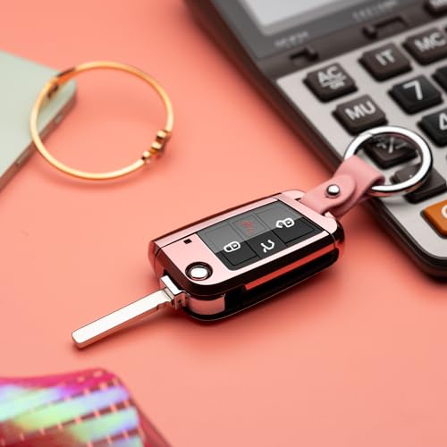 ZSPDACC Compatible with Volkswagen Foldable Key Fob Cover Pink TPU Protector Case Car Key Chain Holder Compatible with VW Golf Jetta Atlas Tiguan e-Golf Accessories - Image 4