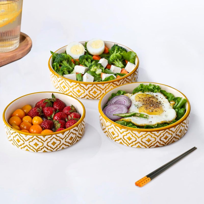 StyleMyWay صواني تقديم السلطة الخزفية المطلية يدويًا من StyleMyWay (مجموعة من 3، أصفر وأبيض، قطر - 19 سم، 17 سم و 15 سم) | مجموعة صحن تقديم المقبلات، الوجبات الخفيفة، النودلز، المعكرونة والفواكه | مجموعة أطباق عميقة، أطباق وأوعية - Image 2