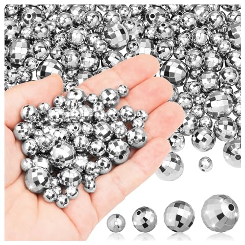 HFKPJRT 150 PCS Mini Disco Balls for Bracelets, 4 Sizes Reflective Faceted Mirrorball Beads, Charms Silver Mini Disco Ball Cute Beads Keychain Jewelry Making DIY Craft 70s 80s Costume Accessories - Image 1