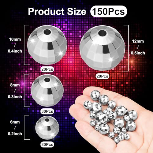 HFKPJRT 150 PCS Mini Disco Balls for Bracelets, 4 Sizes Reflective Faceted Mirrorball Beads, Charms Silver Mini Disco Ball Cute Beads Keychain Jewelry Making DIY Craft 70s 80s Costume Accessories - Image 4