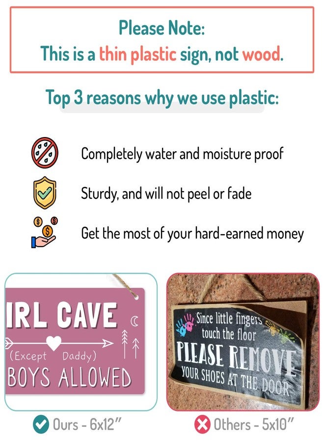 Fun-Plus Girl Cave Sign for Girls Room, No Boys Allowed Door Sign, Cute Room Decor Sign for Bedroom Door, Funny Girls Only Sign for Kids Room, Teen Girl Wall Decor 12x6 Inch - Image 3
