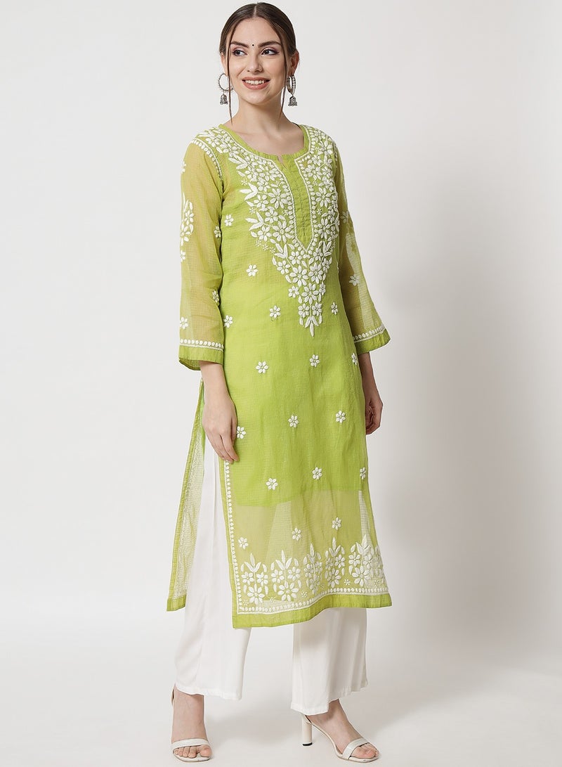 Alaya Hand Embroidered Chikankari Kota Straight Kurta With Slip-AL3540 - Image 4