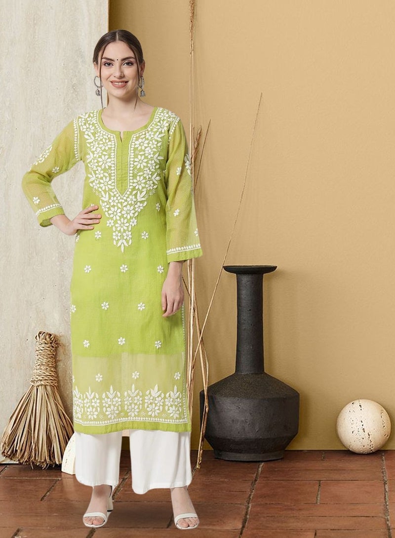 Alaya Hand Embroidered Chikankari Kota Straight Kurta With Slip-AL3540 - Image 1