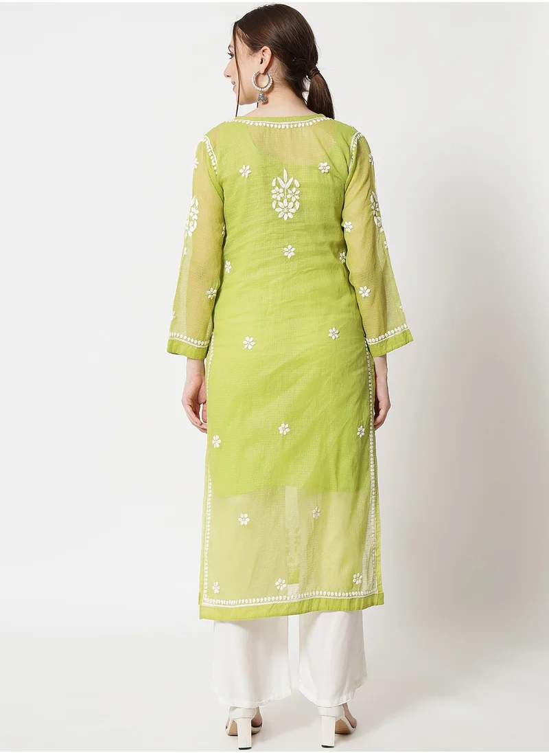 Alaya Hand Embroidered Chikankari Kota Straight Kurta With Slip-AL3540