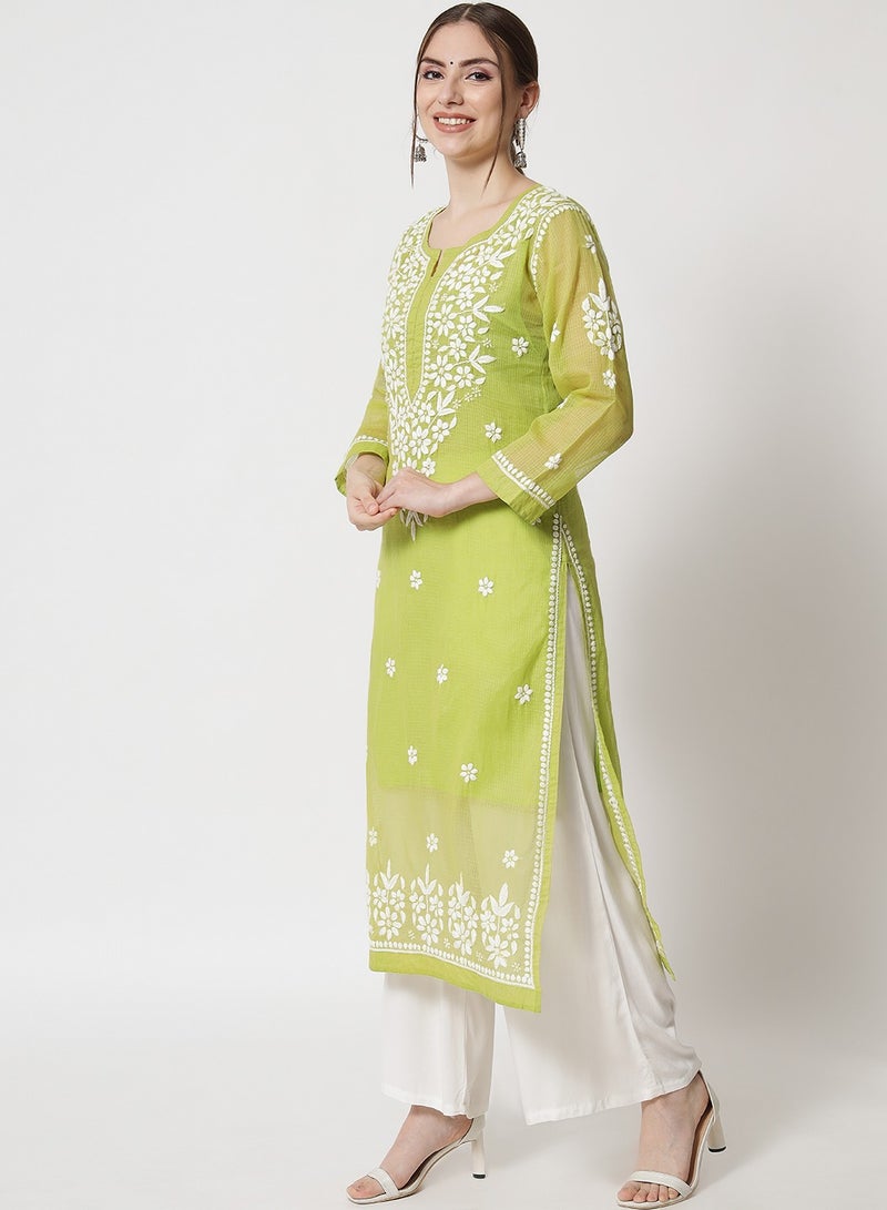Alaya Hand Embroidered Chikankari Kota Straight Kurta With Slip-AL3540 - Image 3