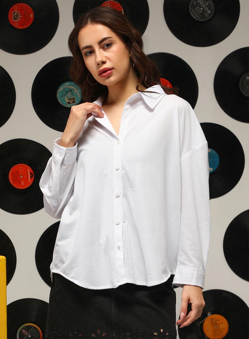 Campus Sutra Women's Daisy White Solid Oversized Shirt - Image 2