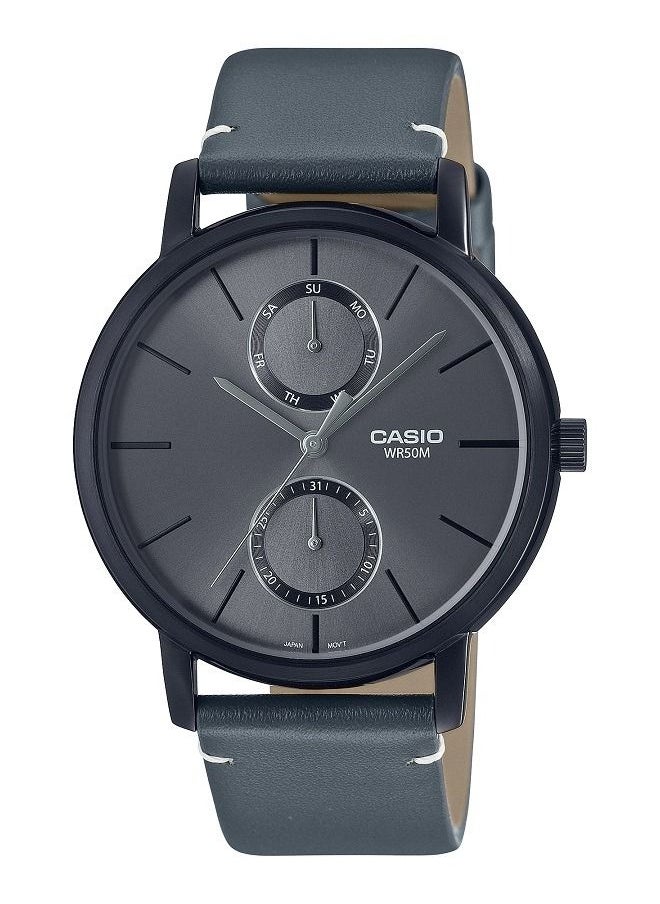 Casio Men Watch Analog Multi Hand Grey Dial Leather Band Black Ion Plated Case MTP-B310BL-1AVDF.