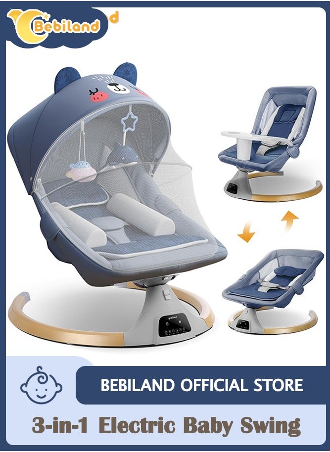 Bebiland Bear Shape Baby Swing with Detachable Dinner Plate, 3-in-1 Electric Rocking Chair with Remote Control, 4 Gears Sway Time, Bluetooth Support Baby Bouncer for 0-24 Months Toddler Infant (Dark Blue)  - Image 1