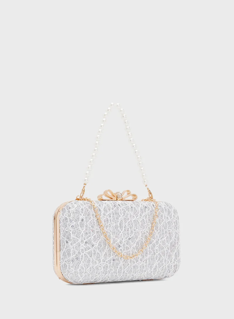 Ella Limited Edition Silver Detailed Embellished With Bow Handle Clutch