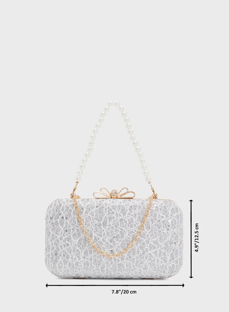 Ella Limited Edition Silver Detailed Embellished With Bow Handle Clutch
