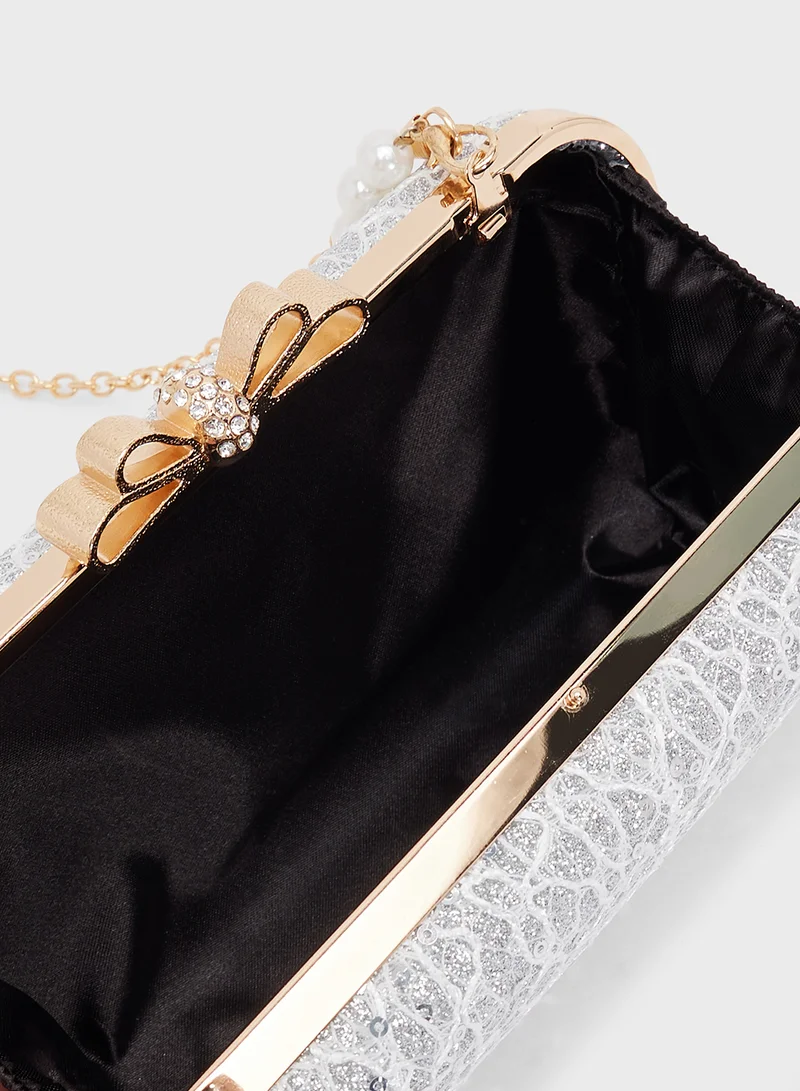 Ella Limited Edition Silver Detailed Embellished With Bow Handle Clutch