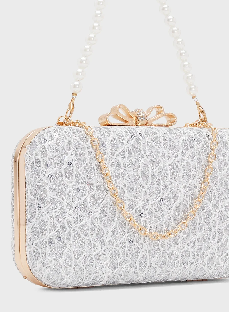 Ella Limited Edition Silver Detailed Embellished With Bow Handle Clutch