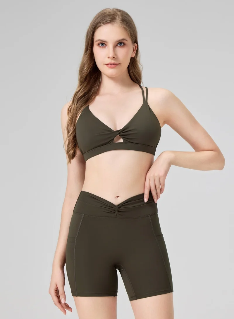AMORXE AMORXE Women’s High Waisted Yoga Shorts – Twist Waistband, Tummy Control Workout Shorts with Side Pockets for Gym Fitness Running – Medium, Olive Green