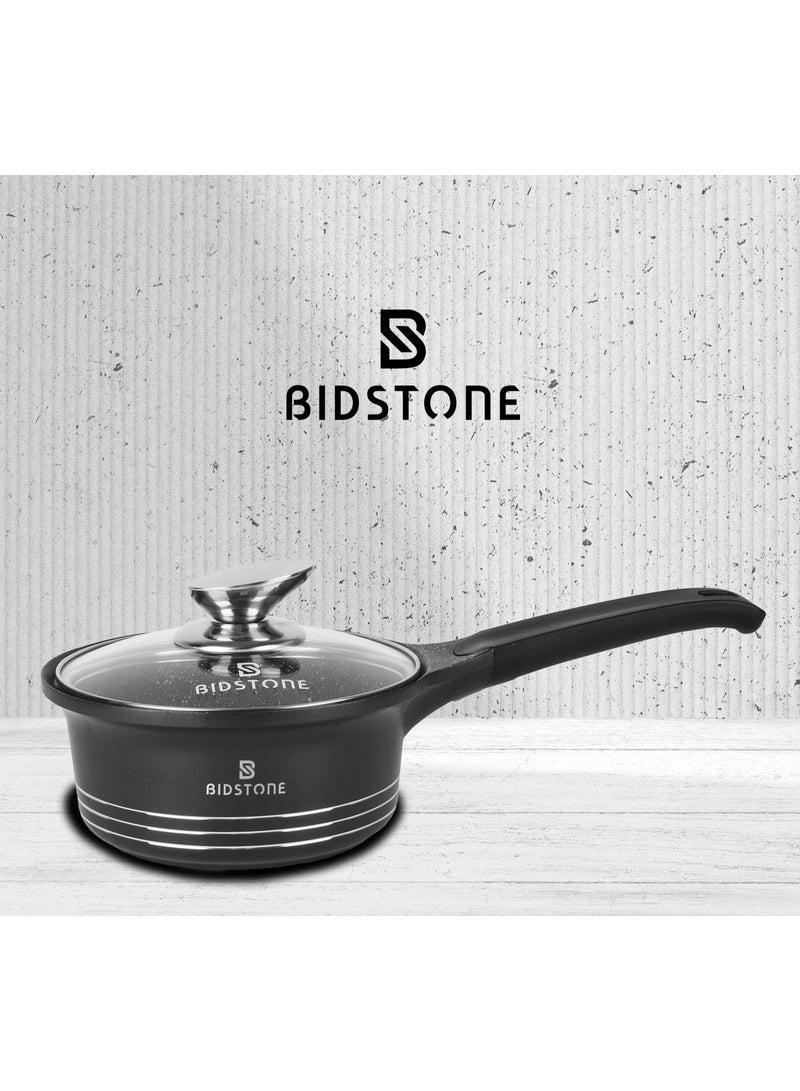 Bidstone 16 cm Granite Saucepan – Aluminum Cooking Pot with Heat-Resistant Glass Lid | Silicone Handle | Multi-Layer Nonstick Coating | Oven & Microwave Safe | 100% PFOA-Free - Image 1
