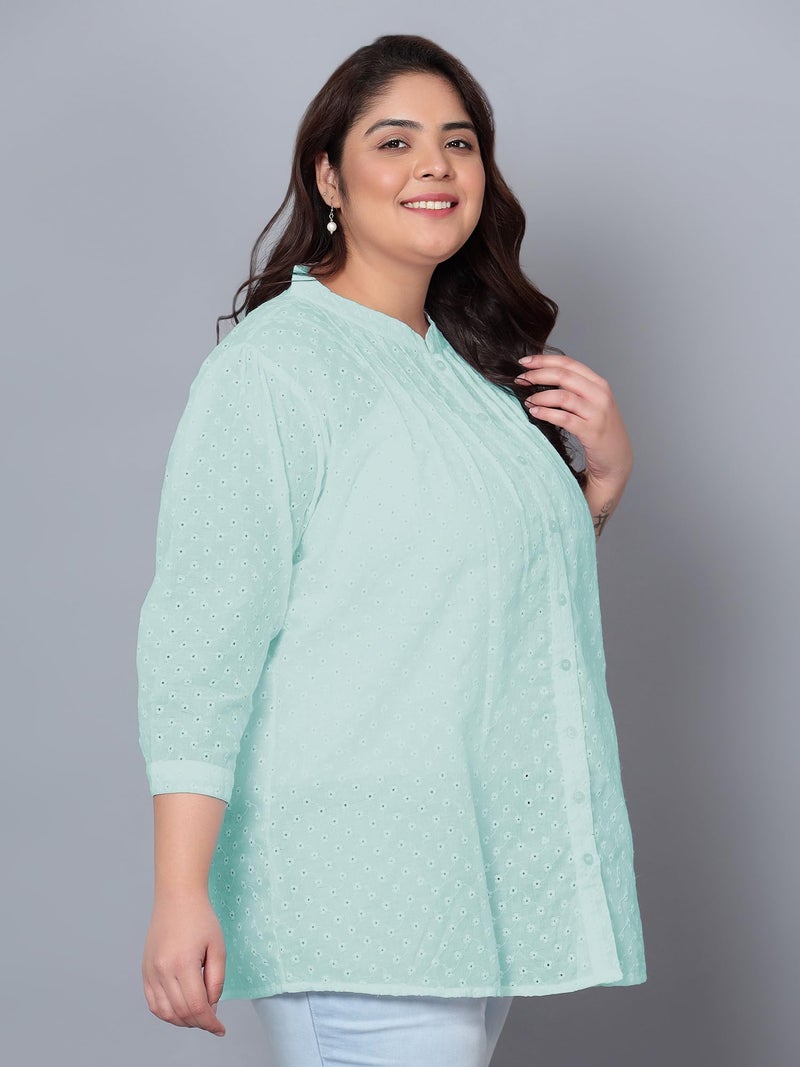 Indietoga Women's Pure Cotton Plus Size Longline Tunic Tops (10001524_Blue Chikankari Embroidered_3XL) - Image 4