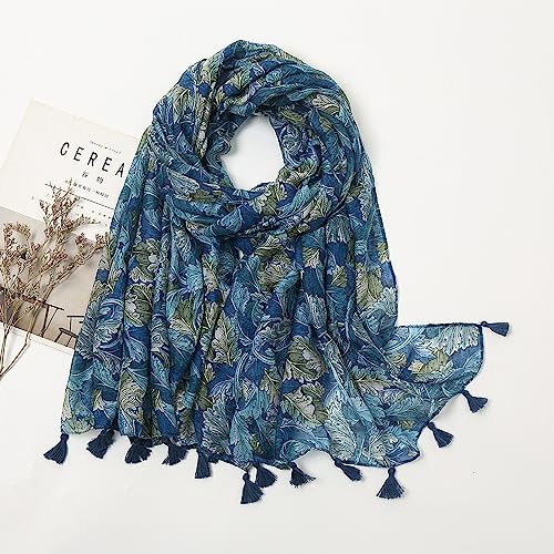 YOUR SMILE Large Boho Scarf for Women Lightweight Floral Printed Scarves Fall Winter Fashion Fringed Shawl wraps (20 Navy/White Flower) - Image 4