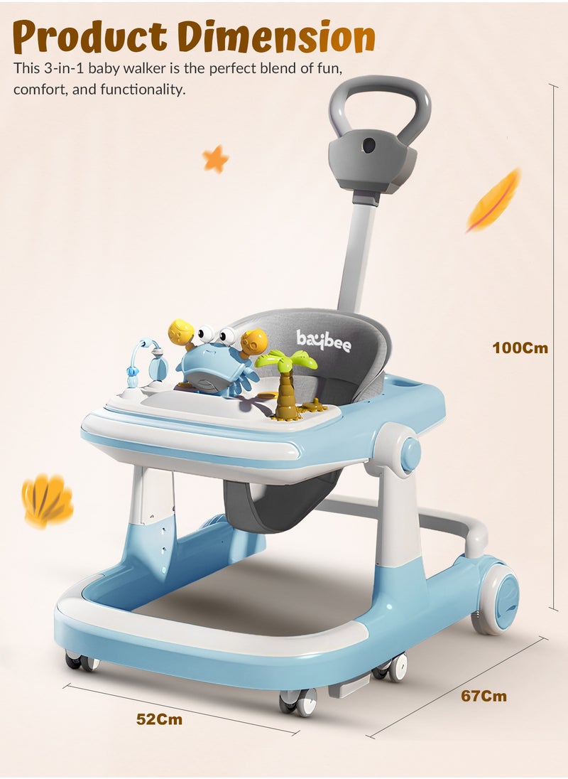 BAYBEE - 3 in 1 Crab Baby Walker for Kids, Baby Push Walker with Parental Push Handle, 5 Adjustable Height, Speed Adjustable, Foldable Kids Walker with Light, Tray & Musical Toddler Walker for Baby 6 to 24 Months Boy Girl Blue - Image 1