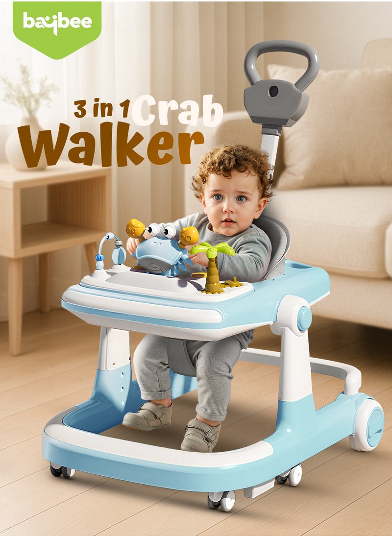 BAYBEE 3 in 1 Crab Baby Walker for Kids, Baby Push Walker with Parental Push Handle, 5 Adjustable Height, Speed Adjustable, Foldable Kids Walker with Light, Tray & Musical Toddler Walker for Baby 6 to 24 Months Boy Girl Blue  - Image 2