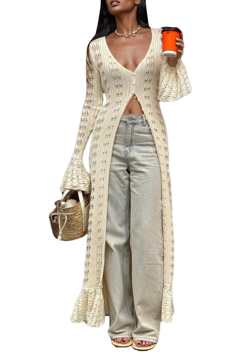 Unybwonn Womens Open Front Knit Sheer Cardigans Summer Boho Lightweight Long Bell Sleeve Plus Size Kimono Long Sweater - Image 1