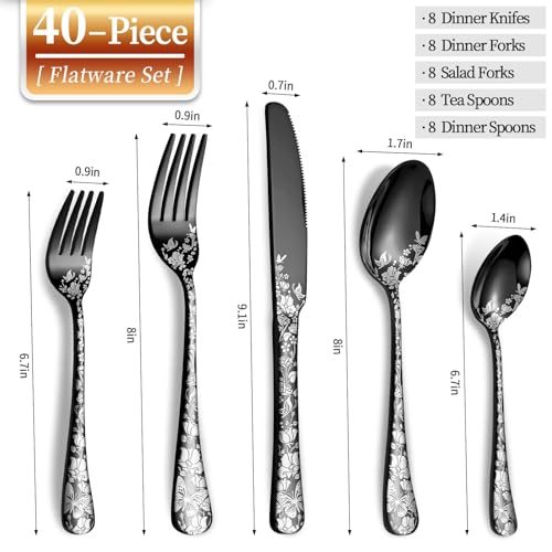 Remoxye 40 Piece Black Silverware Set, Stainless Steel Flatware Cutlery Set Service for 8, Mirror Polished Tableware Eating Utensils Set for Home Kitchen, Include Knife Fork Spoon Set, Dishwasher Safe - Image 2
