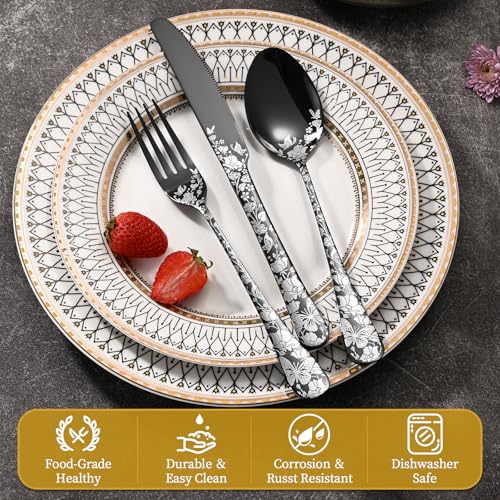 Remoxye 40 Piece Black Silverware Set, Stainless Steel Flatware Cutlery Set Service for 8, Mirror Polished Tableware Eating Utensils Set for Home Kitchen, Include Knife Fork Spoon Set, Dishwasher Safe - Image 3