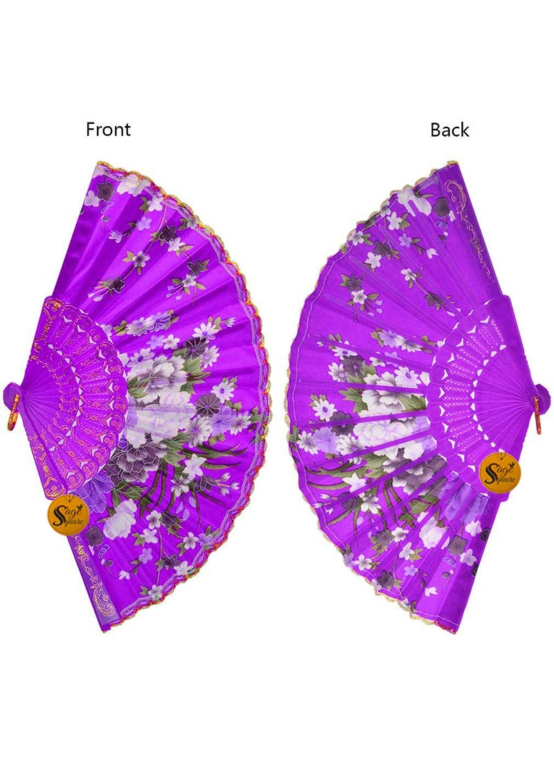 Sage Square Sage Square Floral Handheld Folding Chinese Fan Vintage Era Touch Fabric Purple Set of 2  - Image 2