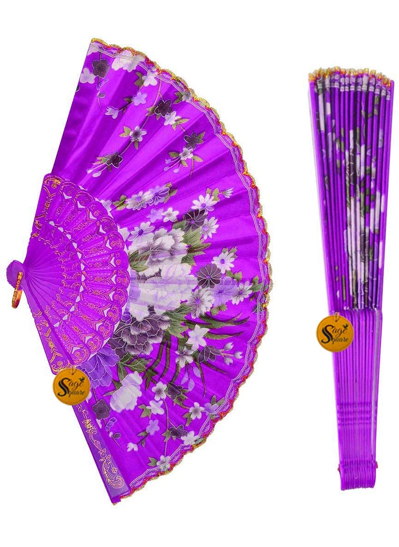 Sage Square Sage Square Floral Handheld Folding Chinese Fan Vintage Era Touch Fabric Purple Set of 2  - Image 4