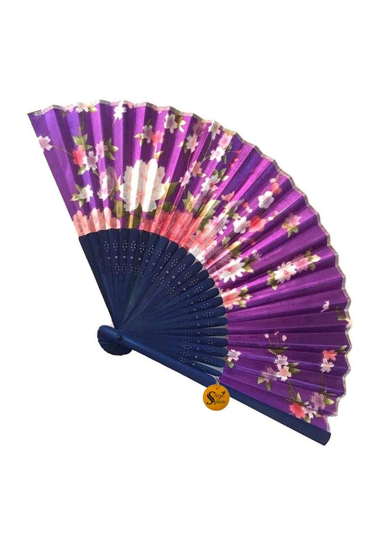 Sage Square Sage Square Floral Handheld Folding Chinese Fan Vintage Era Touch Fabric Purple Set of 2  - Image 1