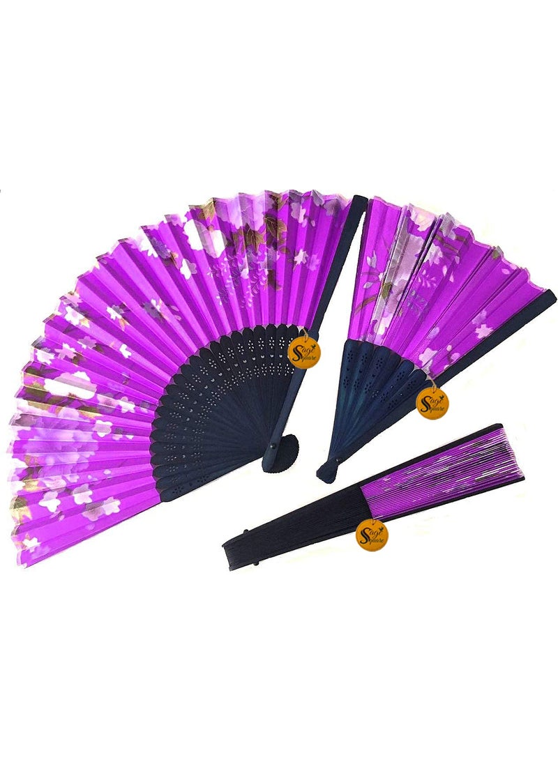 Sage Square Sage Square Floral Handheld Folding Chinese Fan Vintage Era Touch Fabric Purple Set of 2  - Image 3