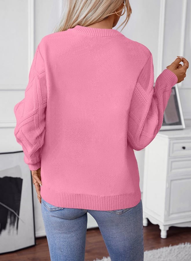 Shein Womens Sweaters Crewneck Cable Knit Sweater Long Sleeve Fall Tops for Women 2025, Peach Blossom, L - Image 3