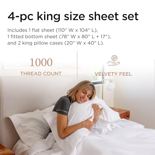 Threadmill 100% American Supima Cotton Sheets King Size - 1000 Thread Count, 4Pc King Size Sheets Set, Smooth Sateen King Sheets, Ultra Luxury Bed Sheets, 17" Deep Pocket King Sheet Set - White Sheets - Image 2